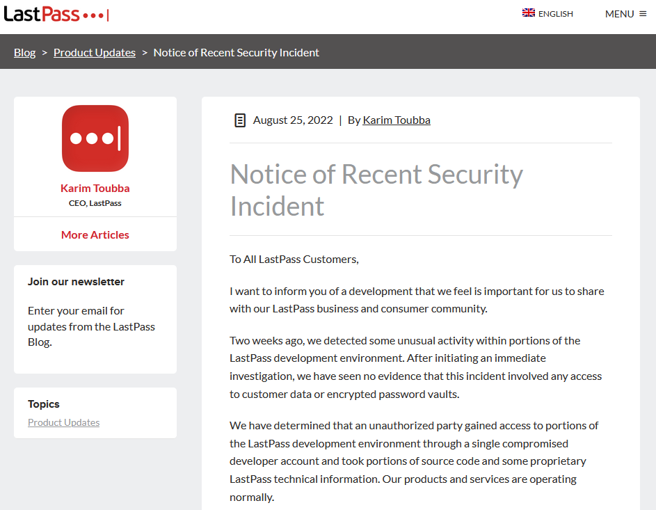 LastPass Password Manager has Security Incident